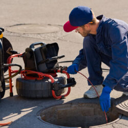 Plumber prepares to fix the problem in the sewer with portable camera for pipe inspection and other plumbing work.